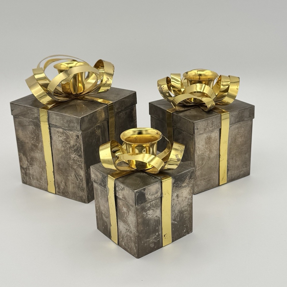 Godinger‎ Silverplate Gift Box Candle Holders Set of 3 Gold Bow Tealight